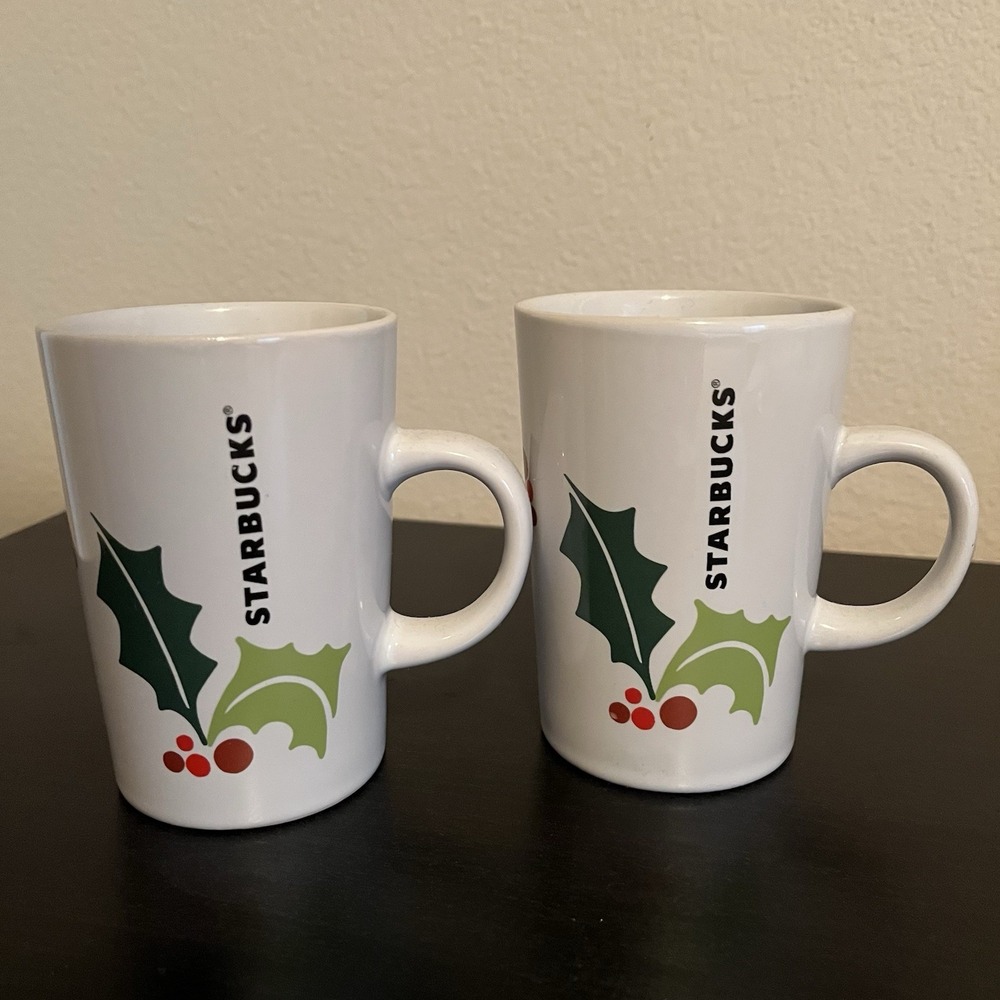 Starbucks Coffee Cup 2011 Christmas Holly Berry Tall White 10.6‎ oz Mug Set of 2